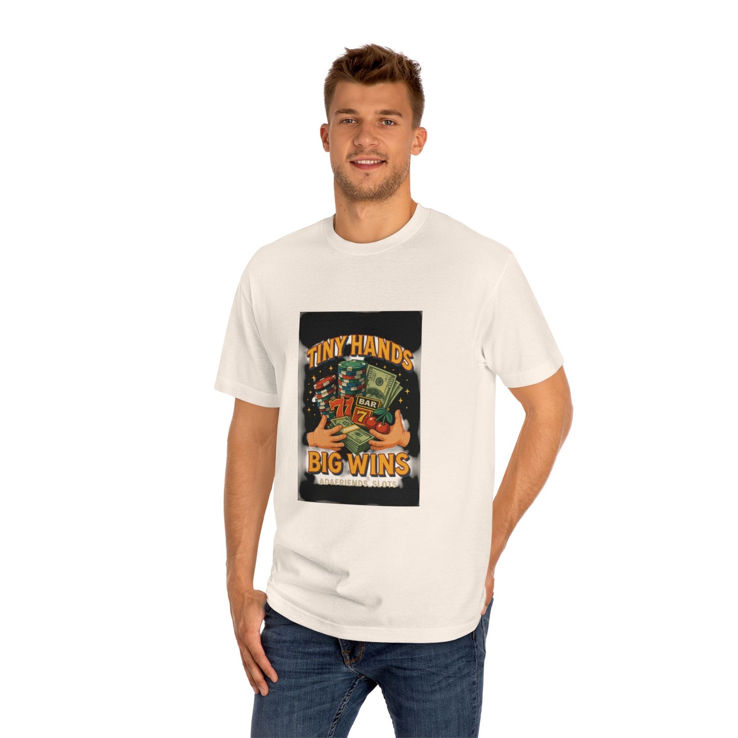 Unisex Classic Tee: Tiny Hands, Big Wins, Fun Gift, Casual Wear, Playful Design, Poker Humor, Gaming Apparel