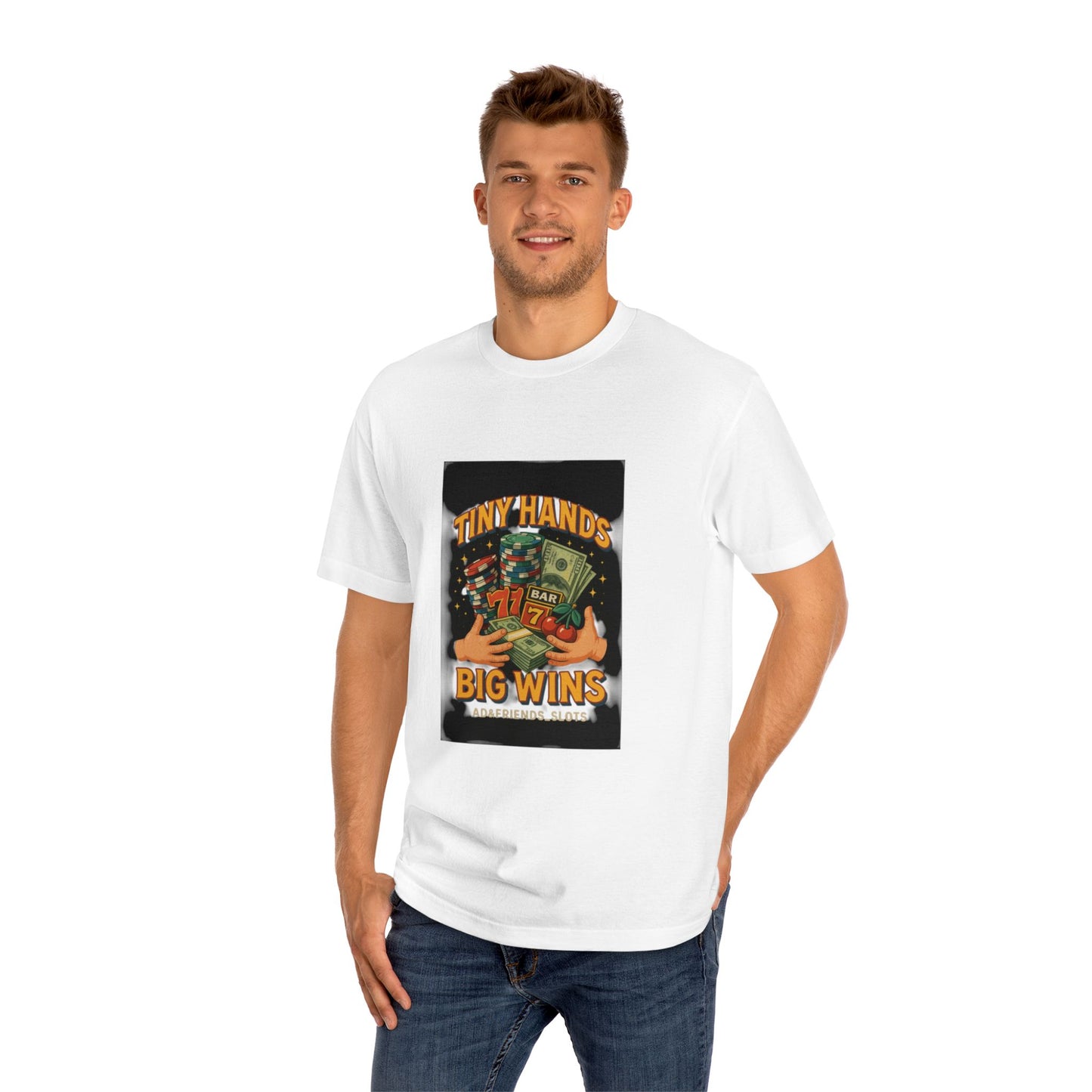Unisex Classic Tee: Tiny Hands, Big Wins, Fun Gift, Casual Wear, Playful Design, Poker Humor, Gaming Apparel