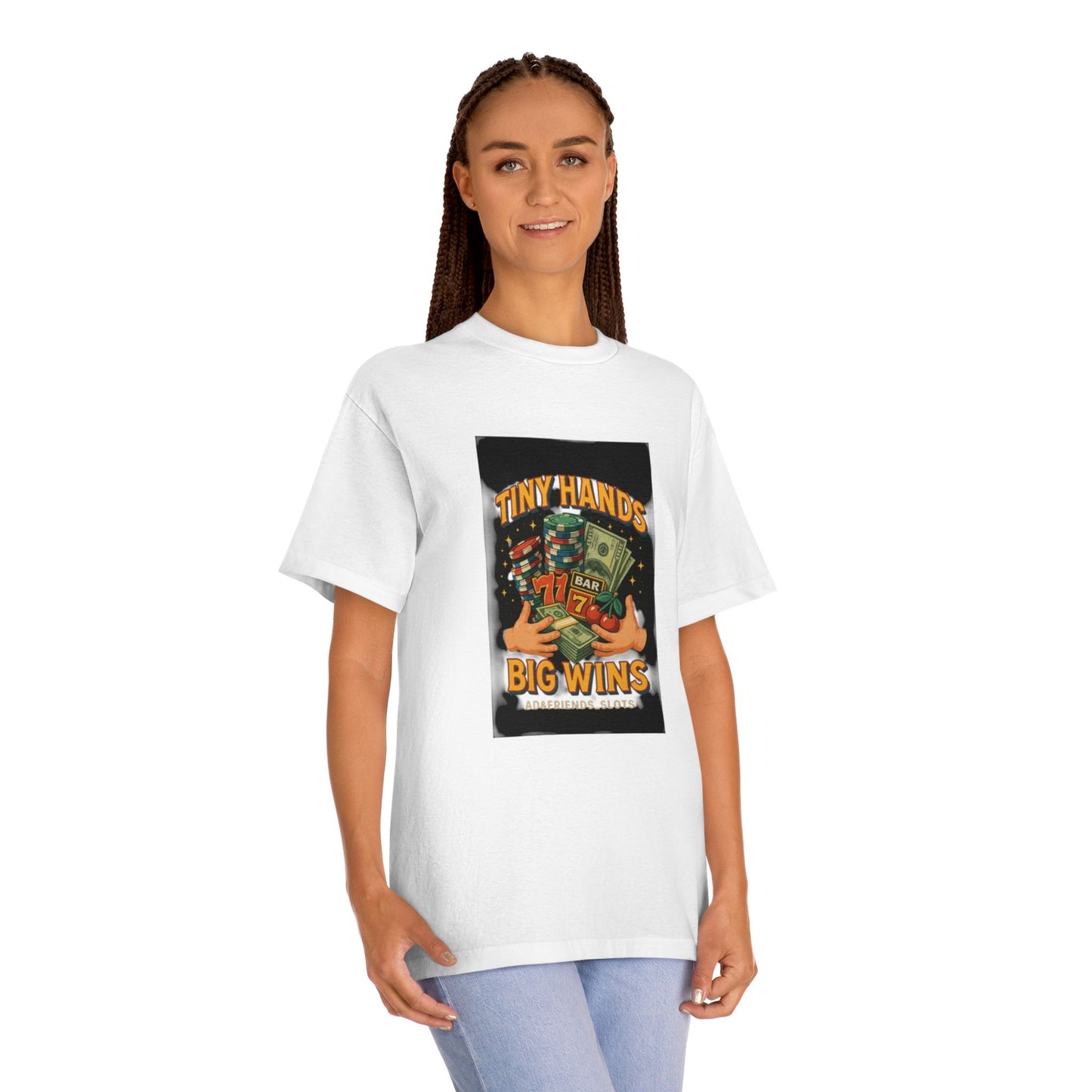 Unisex Classic Tee: Tiny Hands, Big Wins, Fun Gift, Casual Wear, Playful Design, Poker Humor, Gaming Apparel