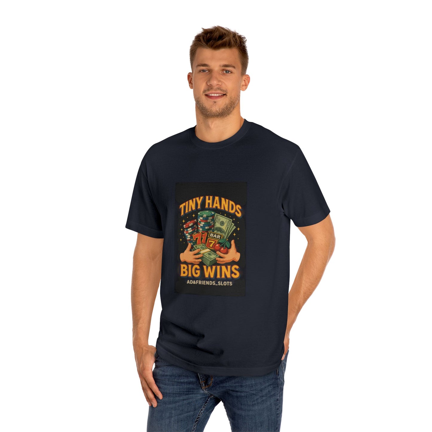 Unisex Classic Tee: Tiny Hands, Big Wins, Fun Gift, Casual Wear, Playful Design, Poker Humor, Gaming Apparel