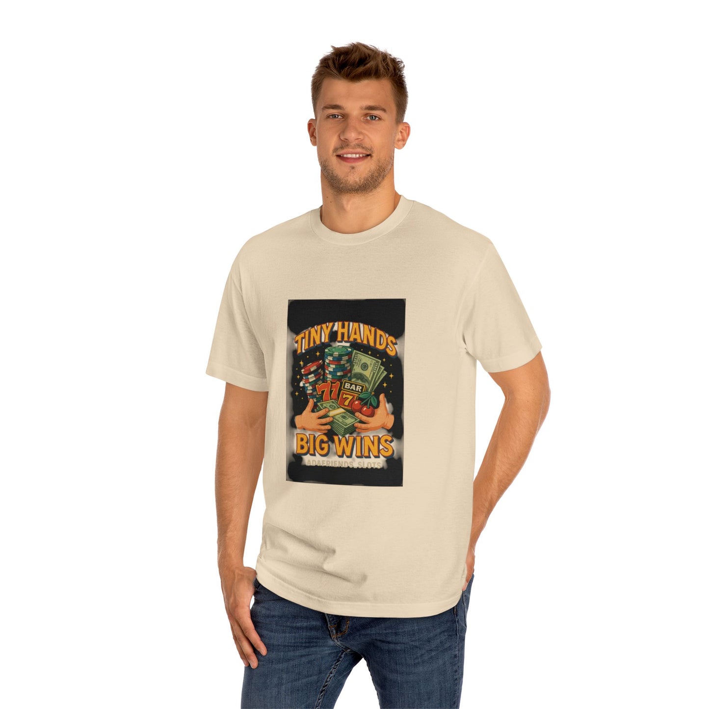 Unisex Classic Tee: Tiny Hands, Big Wins, Fun Gift, Casual Wear, Playful Design, Poker Humor, Gaming Apparel