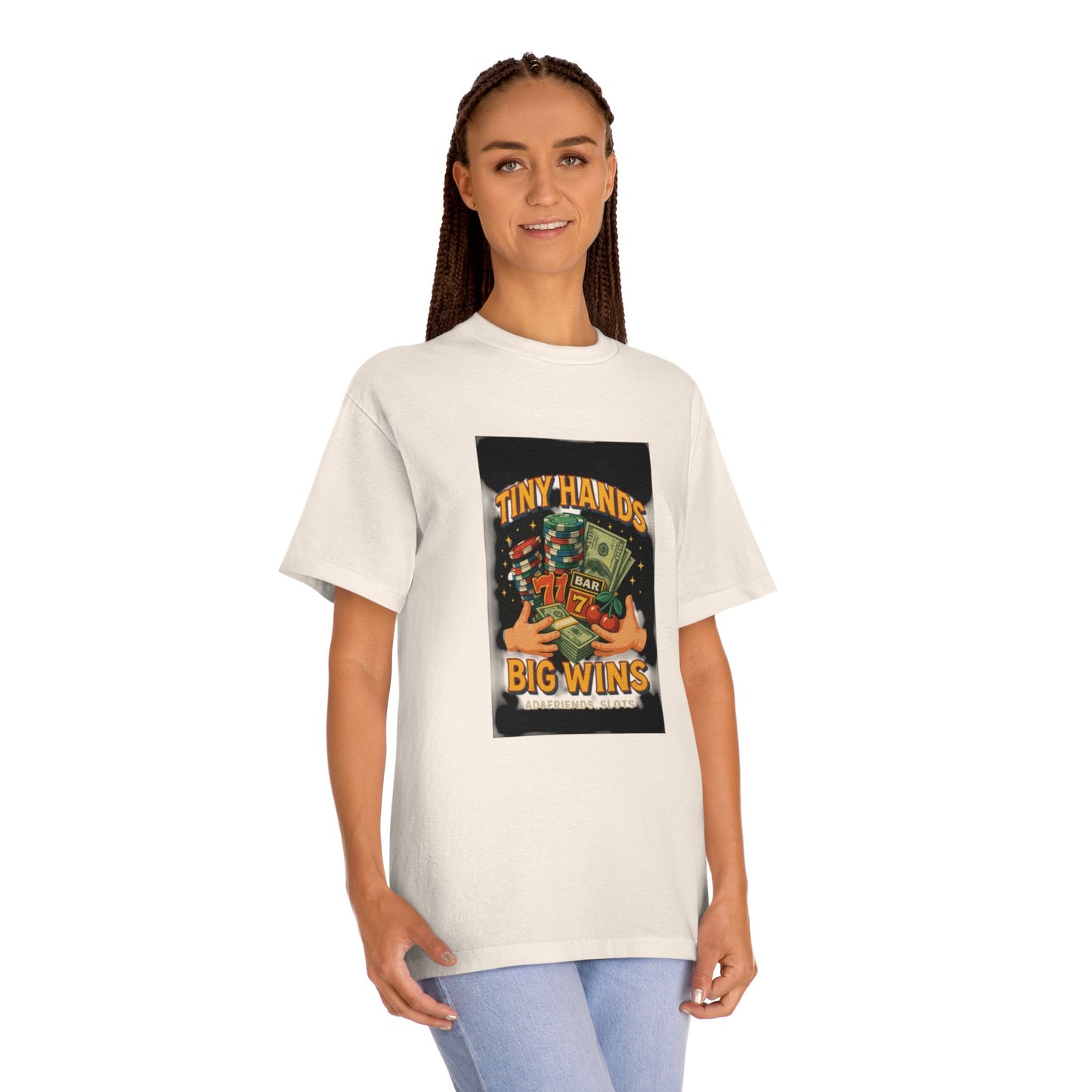 Unisex Classic Tee: Tiny Hands, Big Wins, Fun Gift, Casual Wear, Playful Design, Poker Humor, Gaming Apparel
