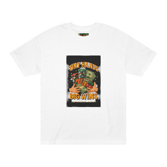 Unisex Classic Tee: Tiny Hands, Big Wins, Fun Gift, Casual Wear, Playful Design, Poker Humor, Gaming Apparel