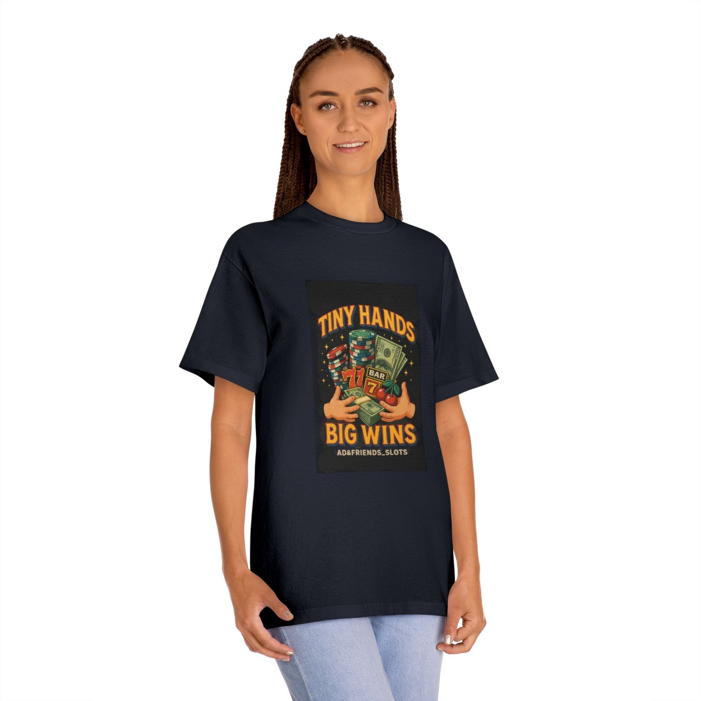 Unisex Classic Tee: Tiny Hands, Big Wins, Fun Gift, Casual Wear, Playful Design, Poker Humor, Gaming Apparel
