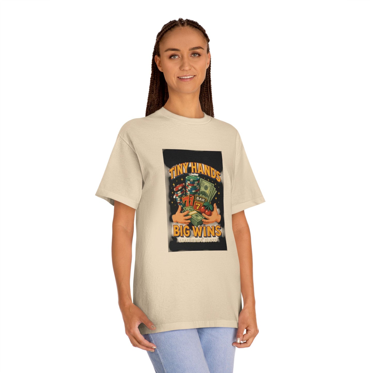 Unisex Classic Tee: Tiny Hands, Big Wins, Fun Gift, Casual Wear, Playful Design, Poker Humor, Gaming Apparel