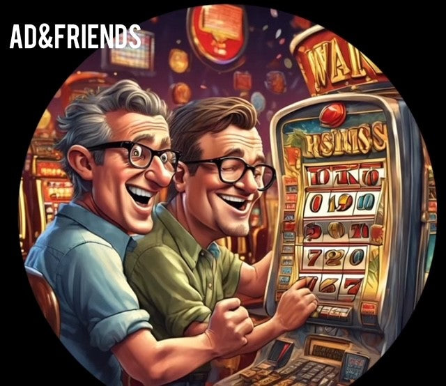 Two men playing slot machines with 'AD&Friends' branding.